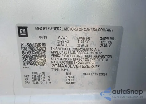 2019 Chevrolet Equinox Lt из США, поврежденный, VIN 2GNAXJEV8K6265227